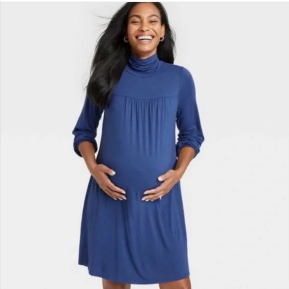 New THE NINES BY HATCH XL Blue Solid Shift, Slate, Mock Neck Dress - Picture 1 of 8